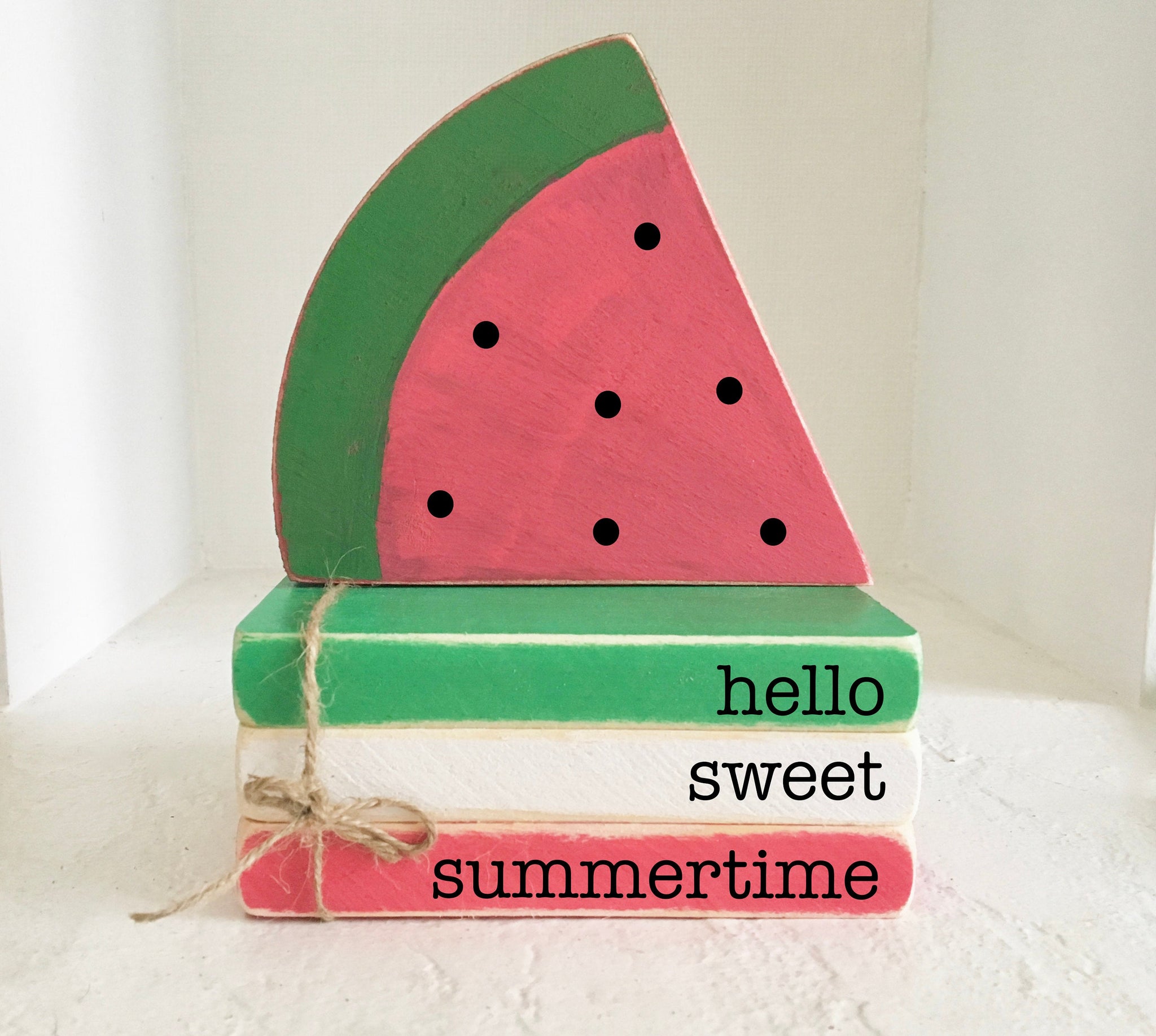 Wooden books, Summer decor, Sweet summertime, Watermelon,  Farmhouse decor, Faux books, Tiered tray decor, kitchen decor, Wooden watermelon