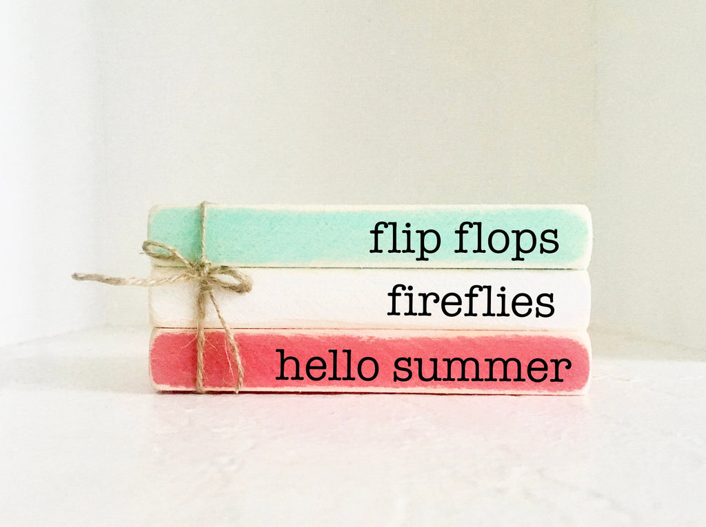 Summer tiered tray decor, wood book stack and firefly jar