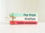 Wooden books, Summer decor, flip flops, fireflies, Farmhouse decor, Faux books, Tiered tray decor, firefly jar, Hello summer, summer