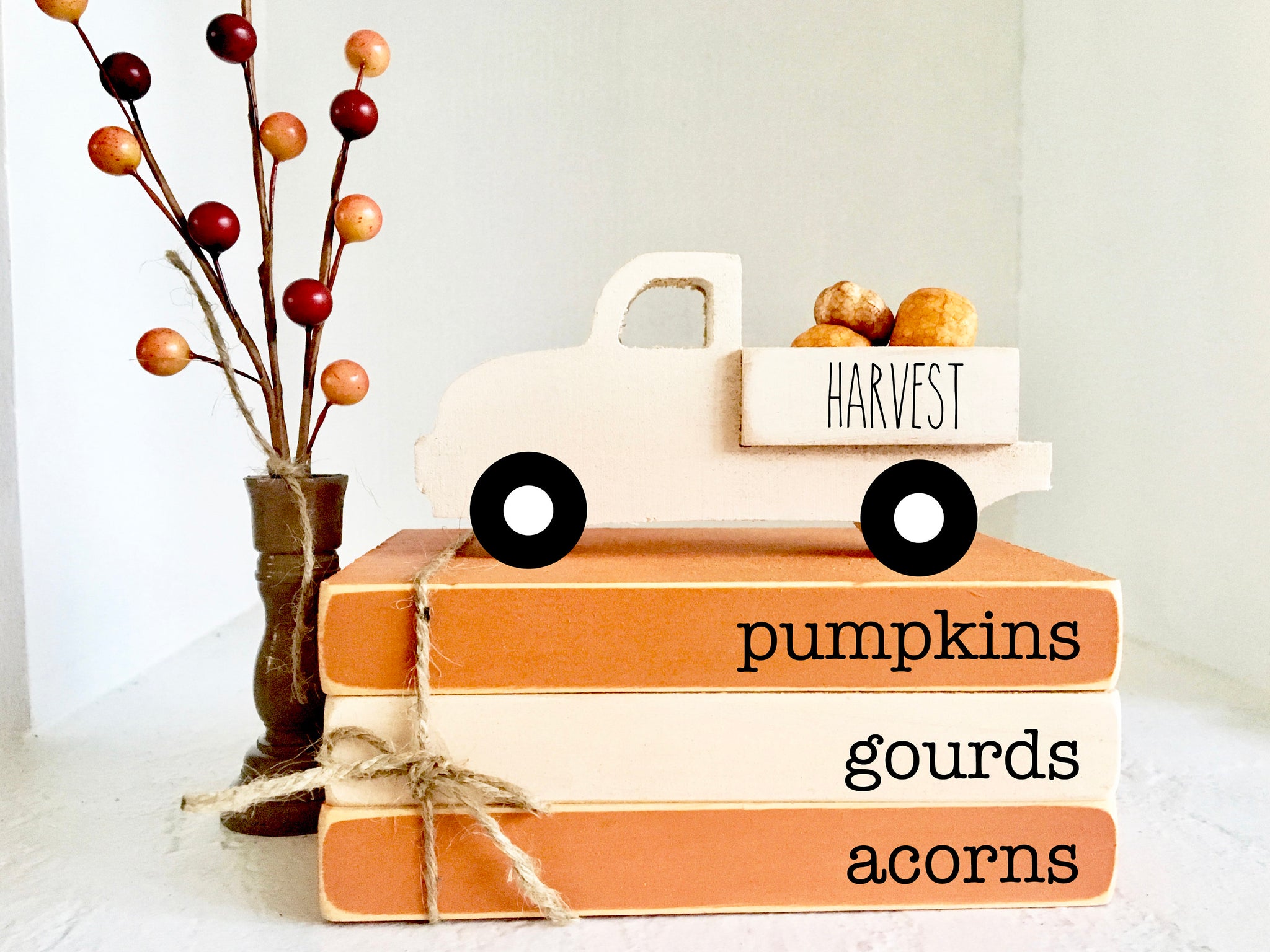 Fall books, Pumpkin truck, Harvest, Mini book bundle, fall tree, Wooden truck, Faux books, gourds, Tiered tray decor,  Pumpkins, Acorns