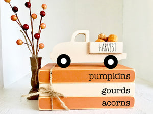 Fall books, Pumpkin truck, Harvest, Mini book bundle, fall tree, Wooden truck, Faux books, gourds, Tiered tray decor,  Pumpkins, Acorns