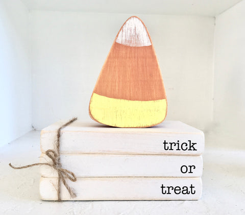 Halloween decor, Wooden books, Fall decor, Wood candy corn, Mini book bundle, Book stack, Tiered tray decor,  Faux books,  Trick or treat