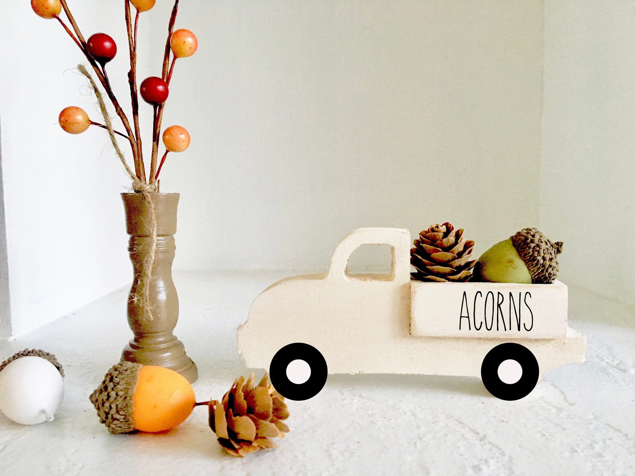 Fall truck and tree, Fall decor, Old truck, Tiered tray decor, Farmhouse truck, Pine cones,  Acorn truck, Farmhouse, Fall tree, Acorn decor