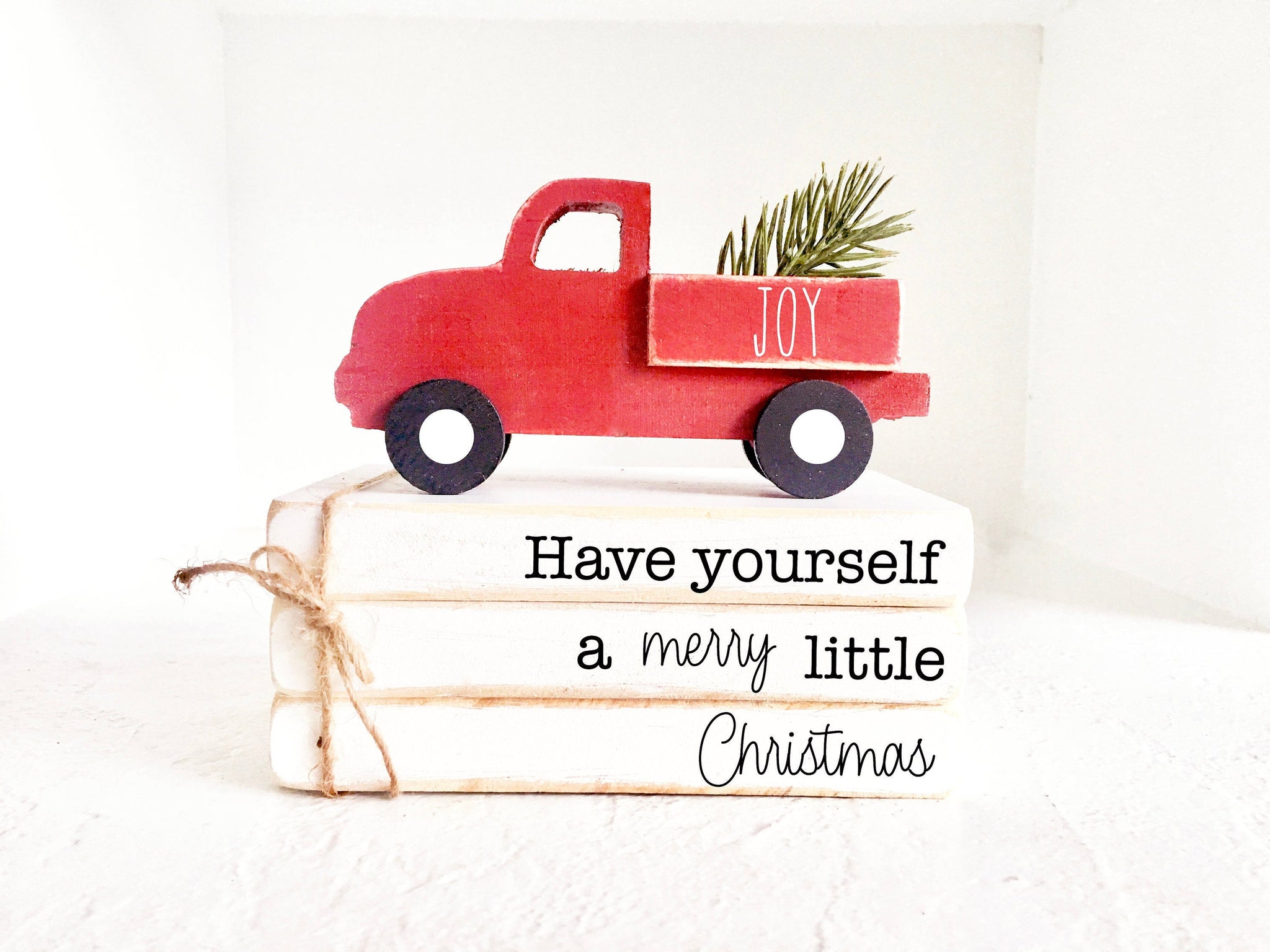 Christmas decor, Wooden truck, Tiered tray decor, Mini book bundle, Book stack, red truck, Faux books, Farmhouse truck, Christmas gift