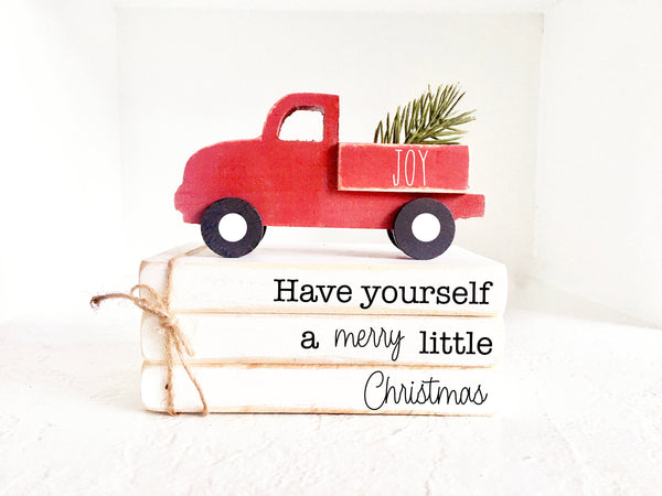 Tiered tray books, Christmas decor, Wooden truck, Tiered tray decor, Mini book bundle, red truck, Faux books, Farmhouse truck, gift