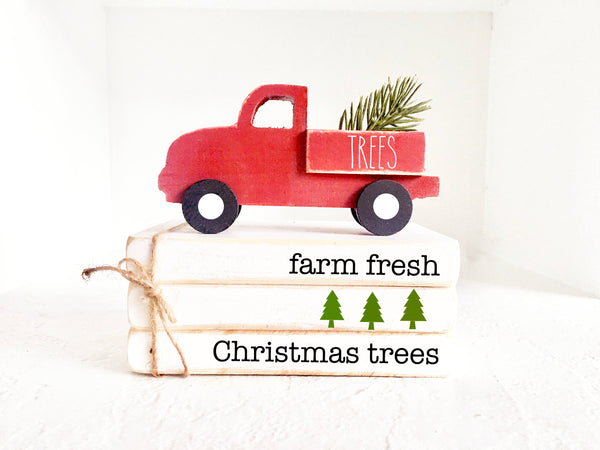 Tiered tray books, Christmas decor, Wooden truck, Tiered tray decor, Mini book bundle, red truck, Faux books, Farmhouse truck, gift