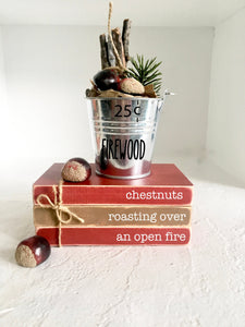 Faux book, Holiday tiered tray, Firewood bucket, Chestnuts, Tiered tray decor, Book stack, Christmas decor, Chestnuts roasting, Wooden books