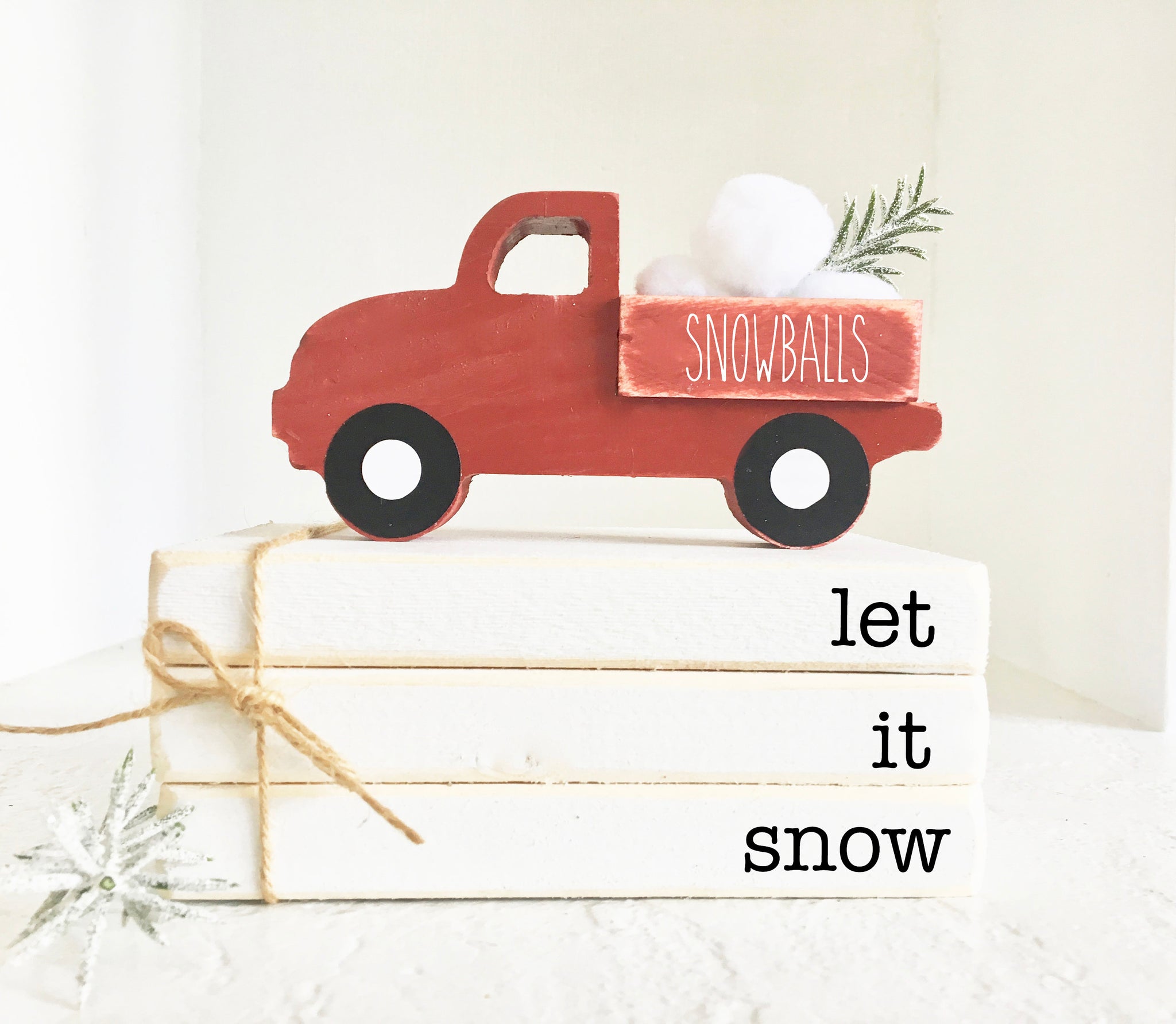 Tiered tray books, Snowball truck, Christmas decor, Wooden truck, Tiered tray decor, book bundle, red truck, Faux books, Farmhouse truck