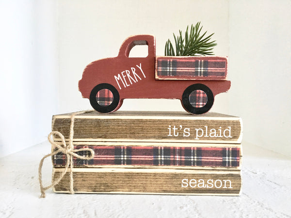 Plaid truck, Tiered tray decor, Mini book bundle, Book stack, red truck, Faux books, Farmhouse truck, Christmas gift, hostess gift, plaid