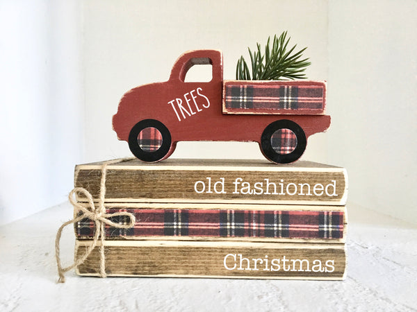 Plaid truck, Tiered tray decor, Mini book bundle, Book stack, red truck, Faux books, Farmhouse truck, Christmas gift, hostess gift, plaid