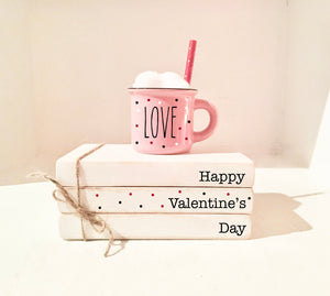 Valentine's tiered tray,  Holiday mug, mini books, Tiered tray decor, Book stack, love mug, Valentine gift, hot cocoa bar, Wooden books