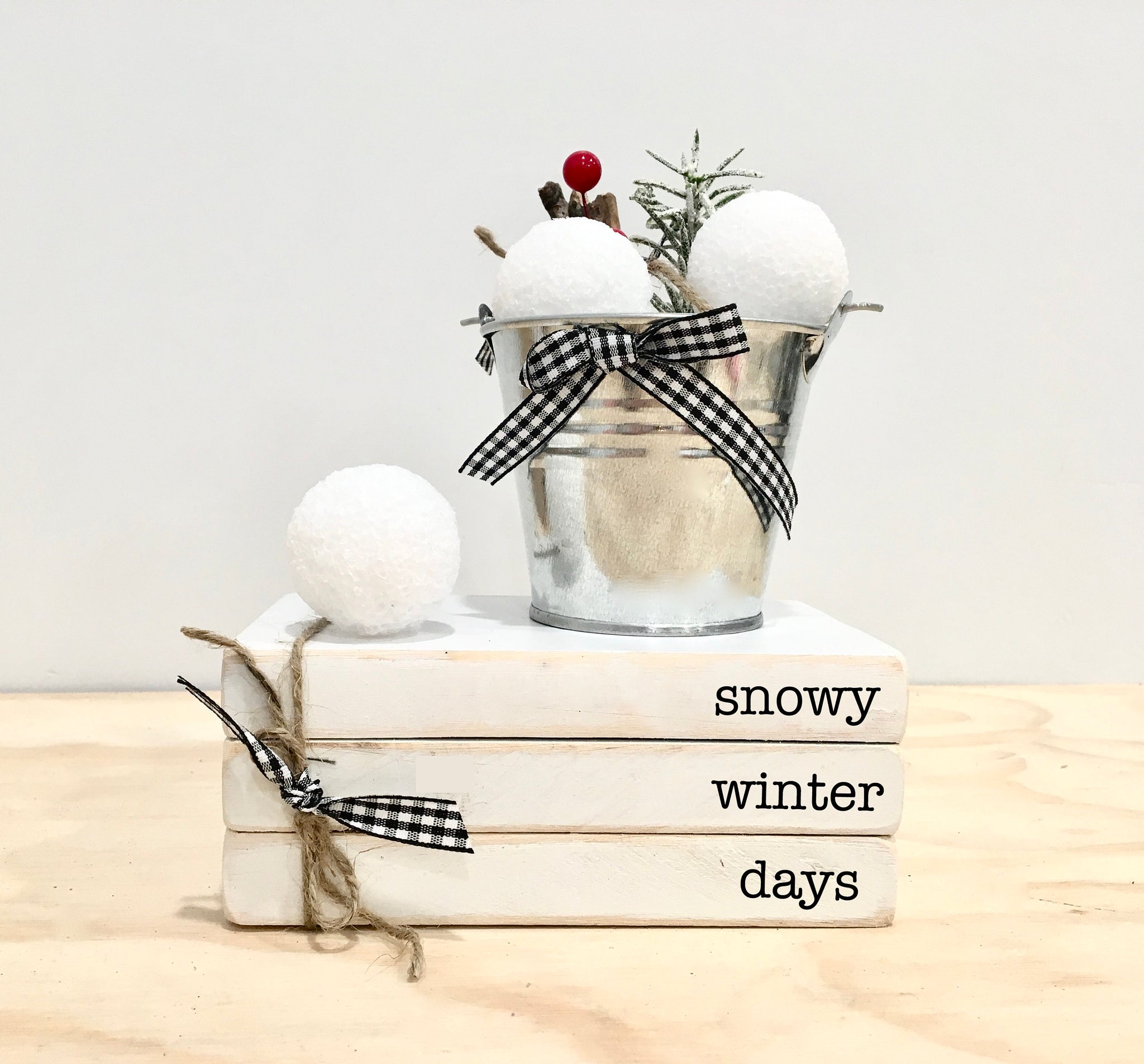 Winter tiered tray, Tiered tray books, Snowball bucket, Tiered tray decor, Mini book stack, Winter decor, hot cocoa bar, Faux snowballs