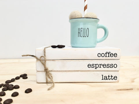 Winter tiered tray, Coffee mug, mini books, Tiered tray decor, Book stack, Coffee bar, Valentine gift, hot cocoa bar, Wooden books, mini mug