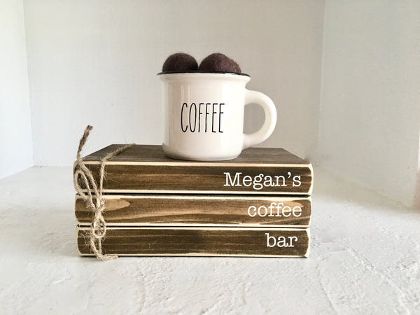 Winter tiered tray, Coffee mug, Personalized,  mini books, Tiered tray decor, Book stack, Coffee bar, Valentine gift, Wooden books, mini mug