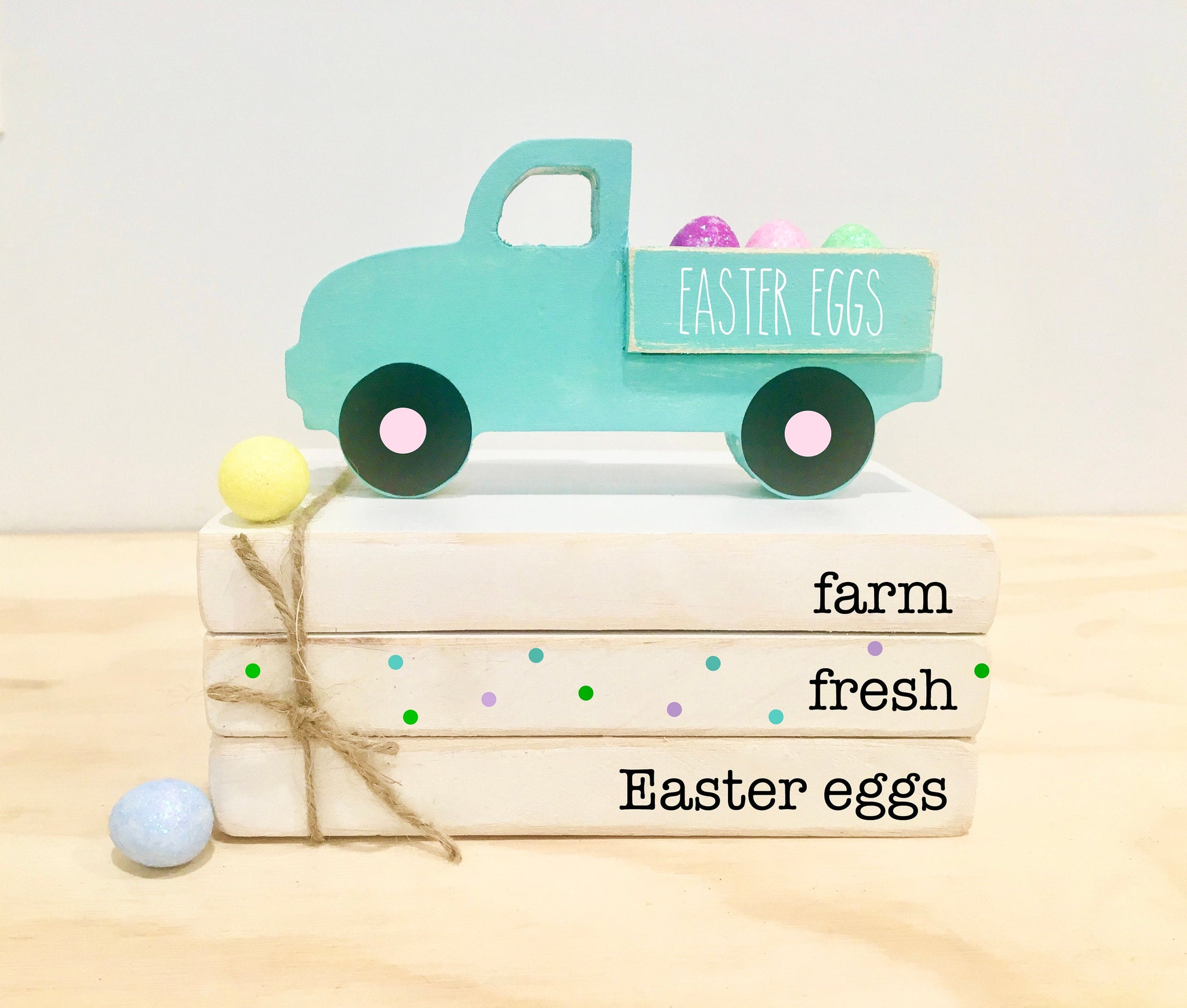 Easter decor, Wooden truck, Tiered tray decor, Mini book bundle, Book stack, Easter egg truck, Farmhouse, Farm fresh Easter eggs, Spring