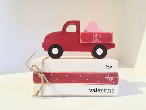 Valentines decor,  Wooden truck, Tiered tray decor, Mini book bundle, Book stack, red truck, Faux books, Farmhouse truck, Valentines gift