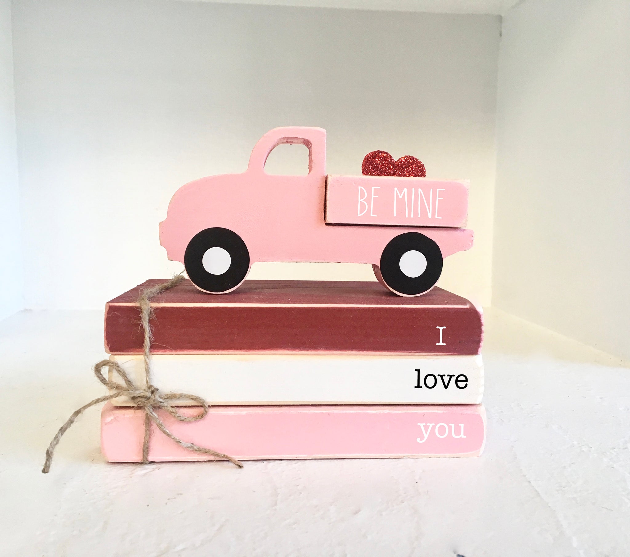 Valentines day, Tiered tray decor, mini books, Wooden truck, Mini book bundle, Book stack, pink truck,  Faux books,  Valentines gift
