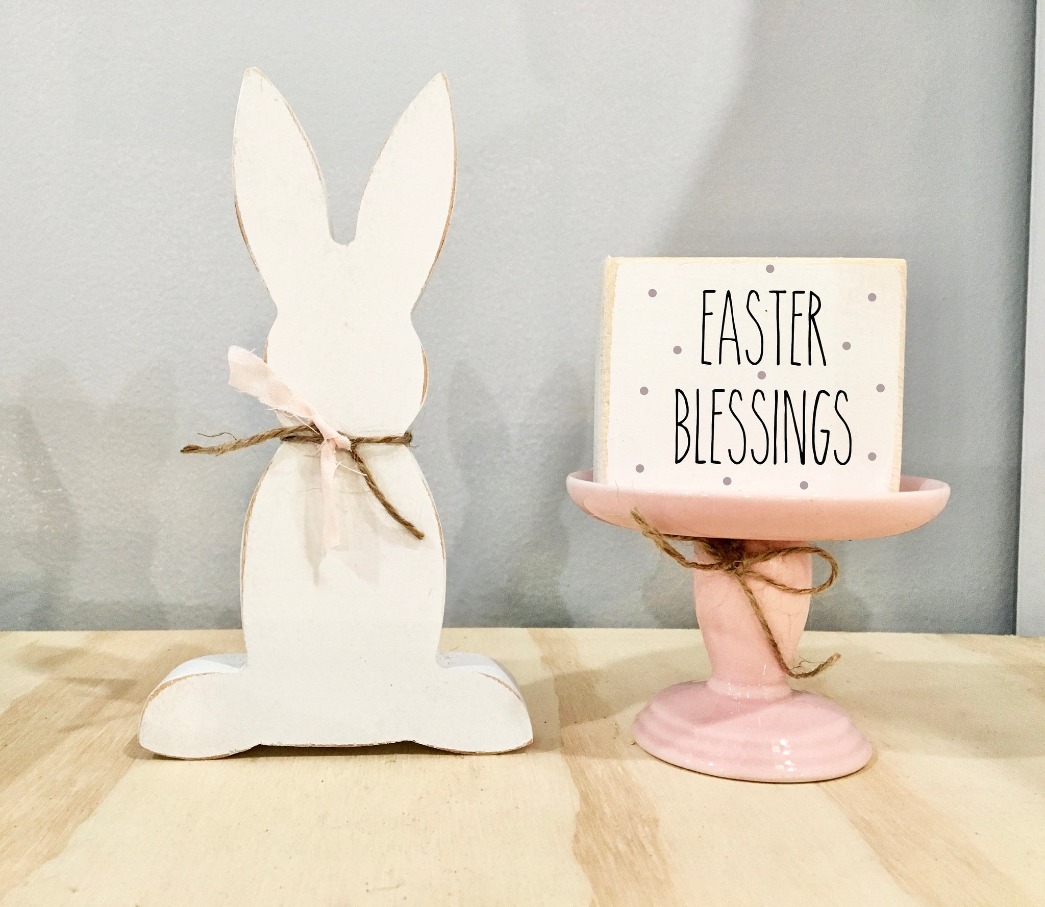 Easter tiered tray, Wood bunny, Easter decor, farmhouse decor, Tiered tray sign, Pink pedestal, Hostess gift, bundle,  Easter blessings