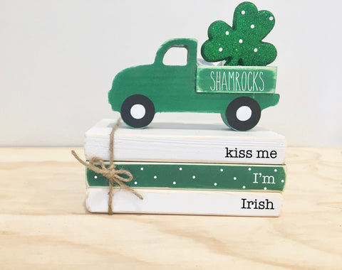 St. Patrick's day decor,  Wooden truck, Tiered tray decor, Mini book bundle, Book stack, Shamrock truck, Farmhouse,  kiss me I'm irish