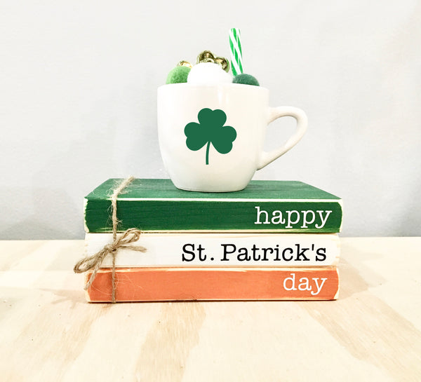 St. Patrick's day decor, tiered tray, mini book bundle, book stack, shamrock mug, farmhouse,  wooden books, tiered tray decor, Irish flag