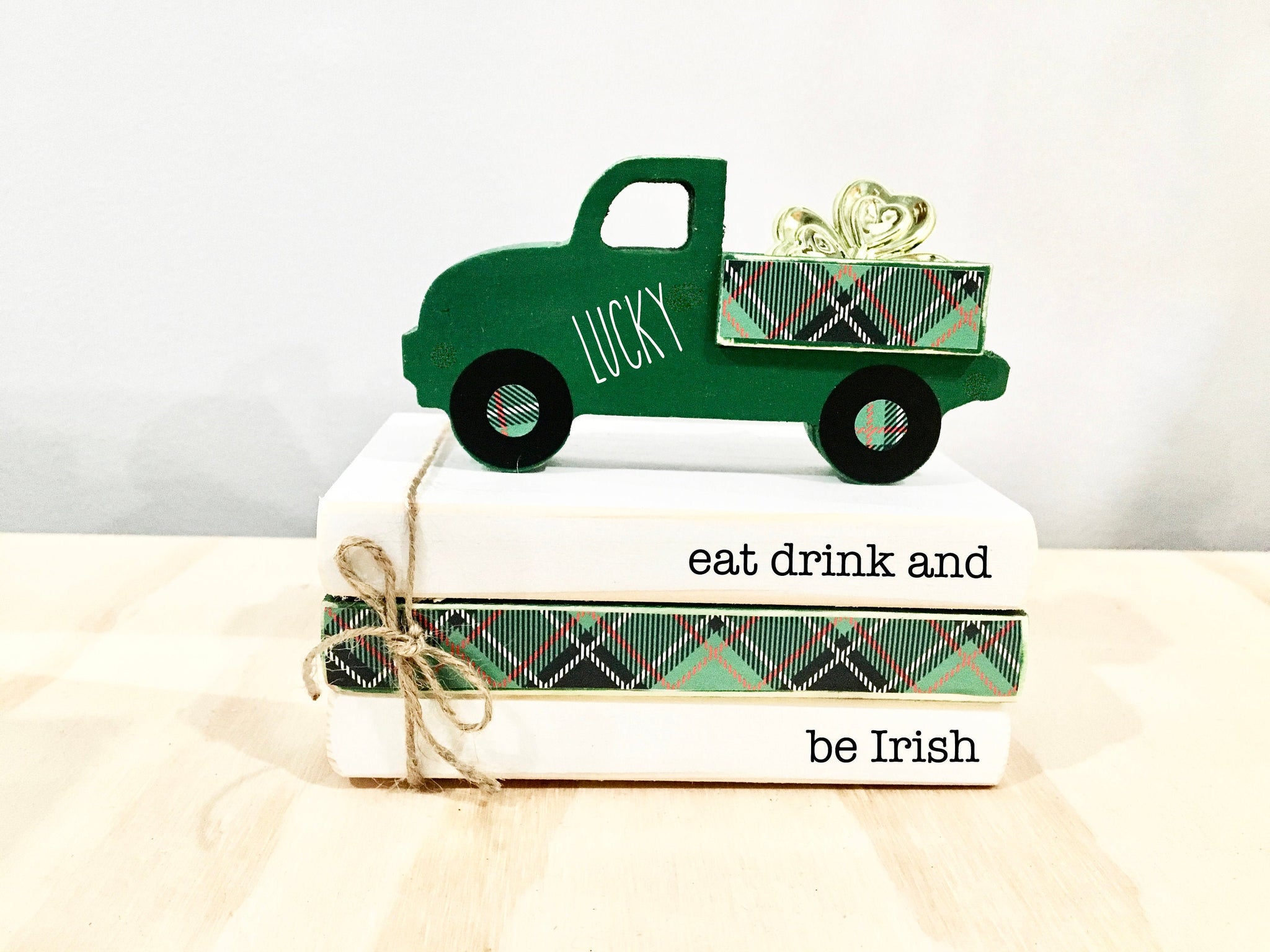 St. Patrick's day decor, Plaid truck, Tiered tray decor, Mini book bundle, Book stack, Shamrock truck, Plaid books, St. Patty's day truck