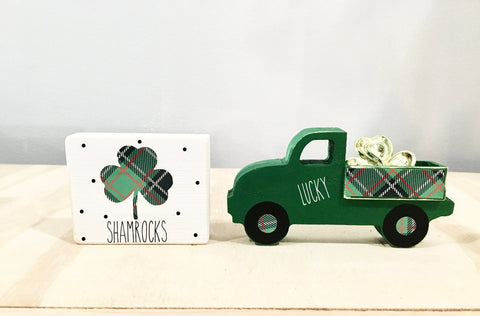 Plaid shamrock truck, tiered tray decor, truck and sign set, St. Patrick's day decor, Wooden truck, Tiered tray, Old truck, lucky truck