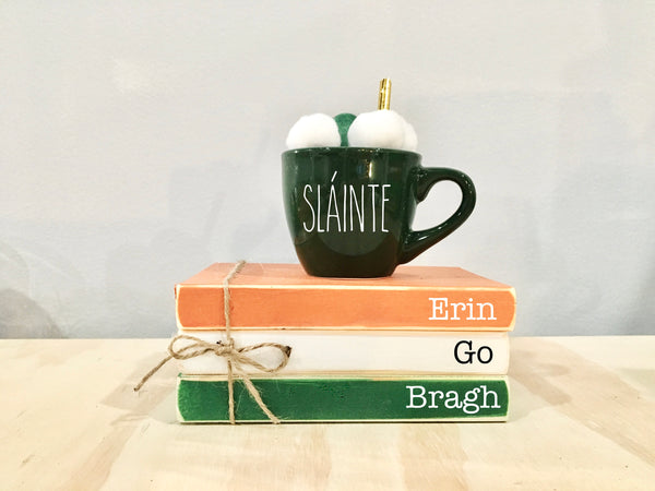 St. Patrick's day decor, tiered tray, mini book bundle, book stack, Slainte, Erin Go Bragh, wooden books, tiered tray decor, Irish flag