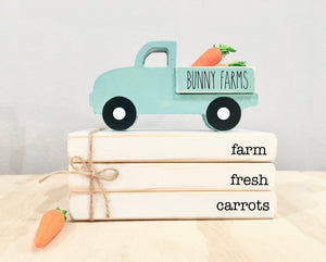 Easter tiered tray,  Wooden truck, Tiered tray decor, Farm fresh carrots, Mini book bundle, Book stack, bunny farms truck, Farmhouse, Spring