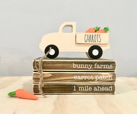 Easter tiered tray,  Wooden truck, Tiered tray decor, Farm fresh carrots,  Mini book bundle, Book stack, bunny farms truck, carrot truck