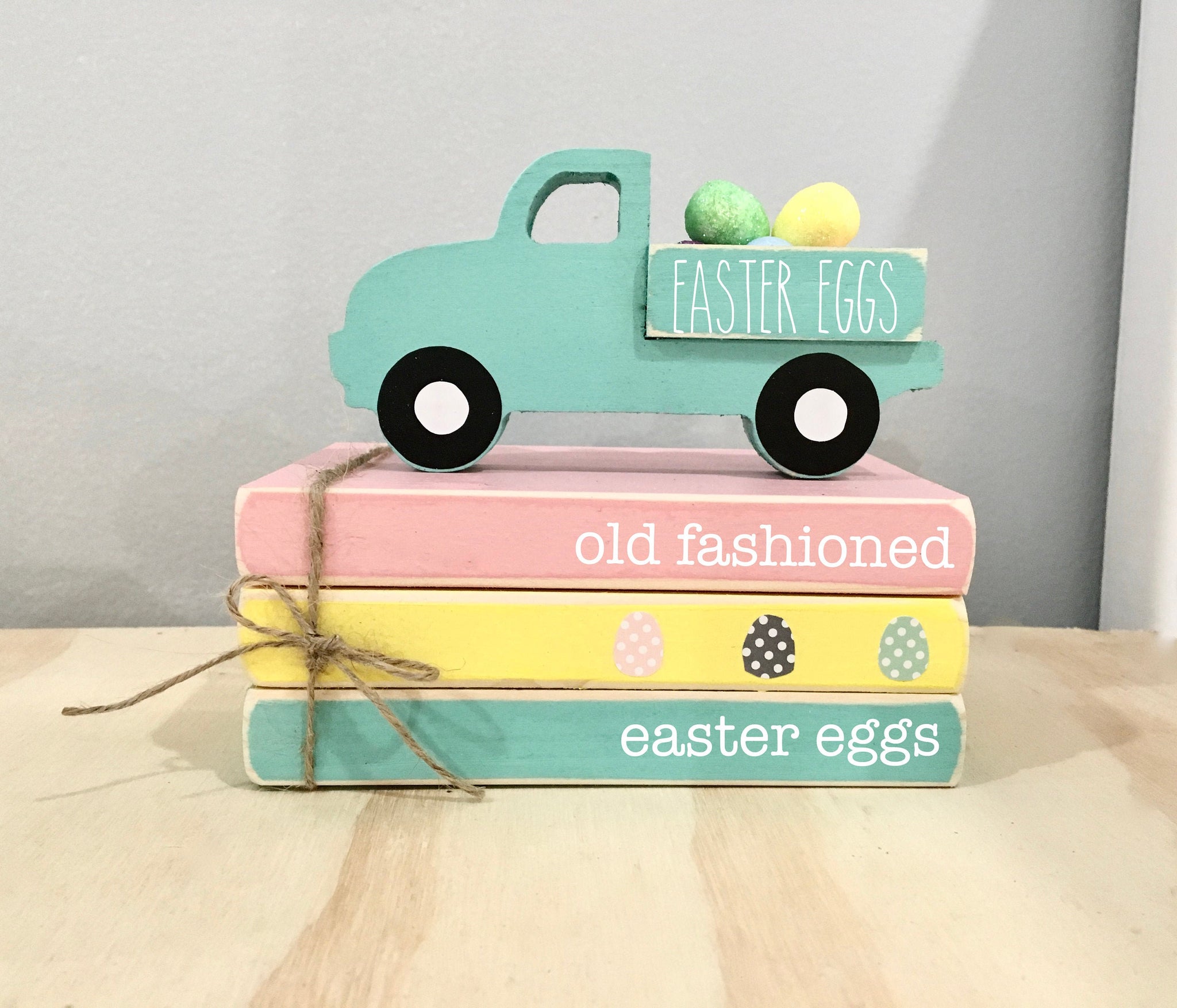 Easter tiered tray, Wooden books, Easter truck, mini book stack, Easter decor, farmhouse, faux books, Easter books, tiered tray decor
