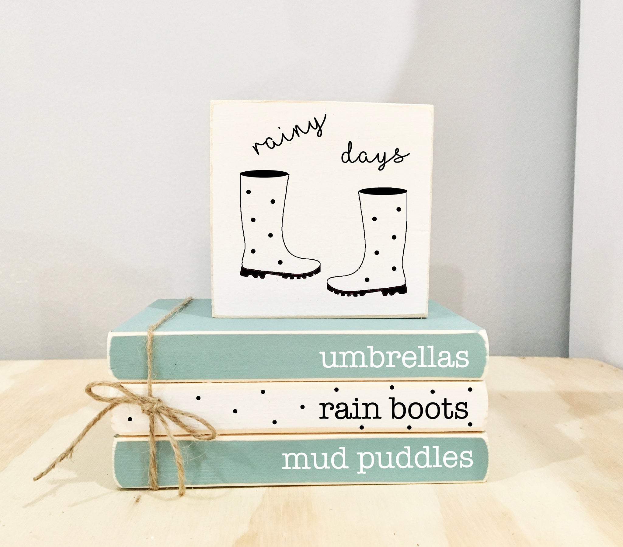 Tiered tray bundle- Mini book stack- Tiered tray- books- Rain boots- umbrellas- mud puddles- Farmhouse- Rainy days- Wooden books- Spring