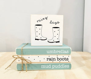 Tiered tray bundle- Mini book stack- Tiered tray- books- Rain boots- umbrellas- mud puddles- Farmhouse- Rainy days- Wooden books- Spring