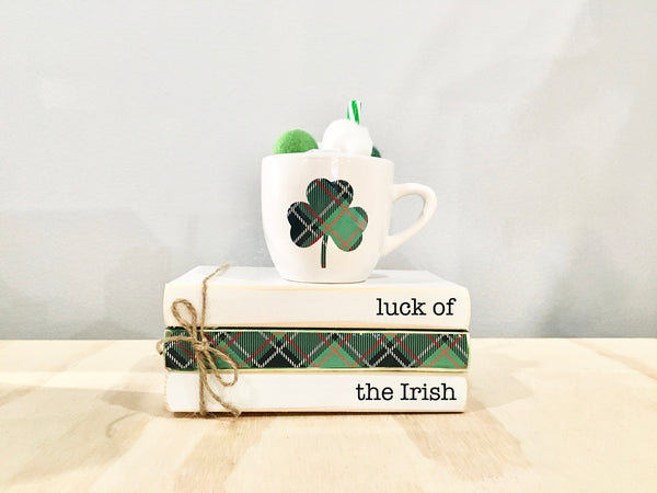 St. Patrick's day decor, tiered tray, plaid,  mini book bundle, book stack, shamrock mug, plaid shamrock, wooden books, tiered tray decor