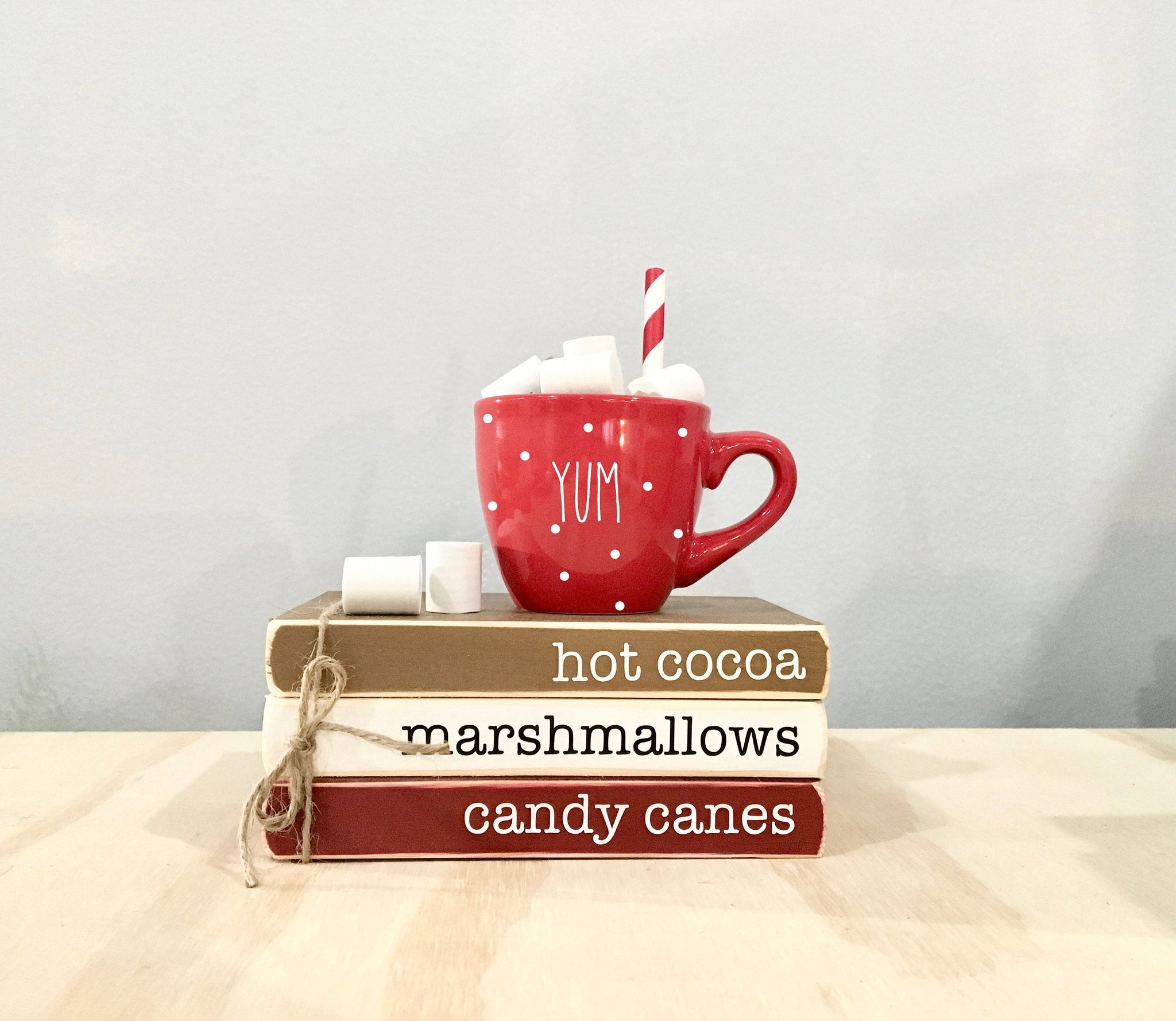 Hot cocoa, Holiday tiered tray, faux marshmallows, Tiered tray decor, Book stack, Christmas decor, Farmhouse, hot cocoa bar, Wooden books