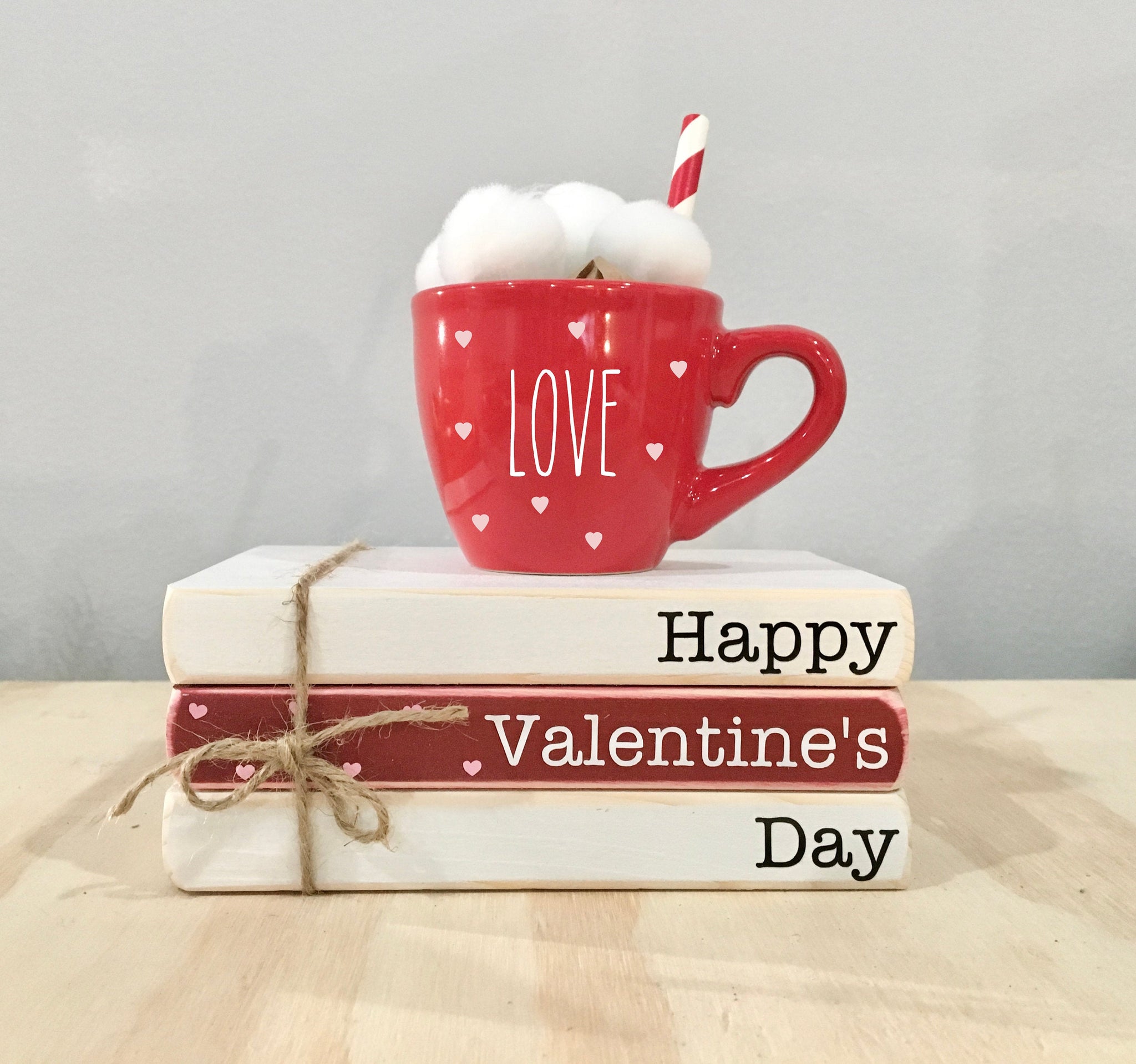 Valentine's day, Holiday tiered tray, mini books,  Tiered tray decor, Book stack, love mug, Valentine gift, hot cocoa bar, Wooden books