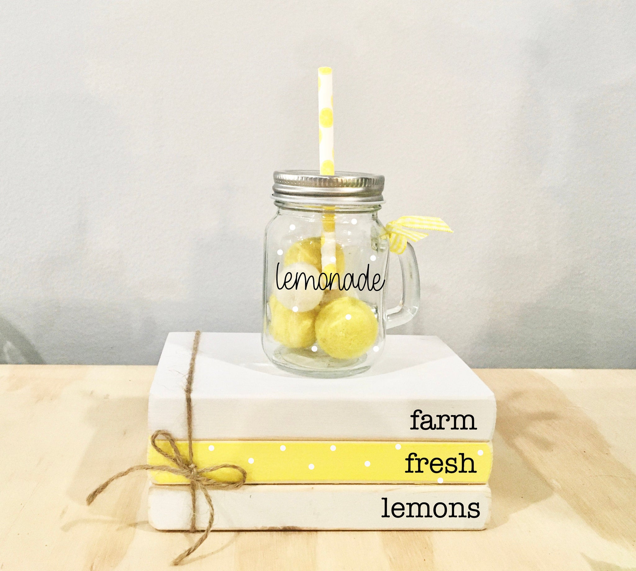 Lemons, Mini book stack, Tiered tray, Lemonade decor, Farm fresh lemons, Faux books, Tiered tray decor, Summer, lemonade mug , wooden lemon