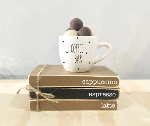 Coffee bar, Coffee mug, Tiered tray, mini books, Tiered tray decor, Book stack, Kitchen decor, Wooden books, mini mug, Espresso, Cappuccino