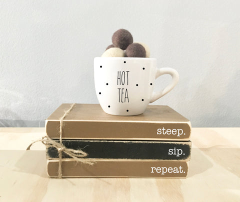 Tea tiered tray, Coffee bar, hot tea mug, Tiered tray, mini books, Tiered tray decor, Book stack, Kitchen decor, Wooden books, mini mug