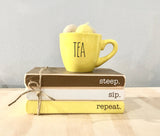 Tea tiered tray, Coffee bar, hot tea mug, Tiered tray, mini books, Tiered tray decor, Book stack, Kitchen decor, Wooden books, mini mug