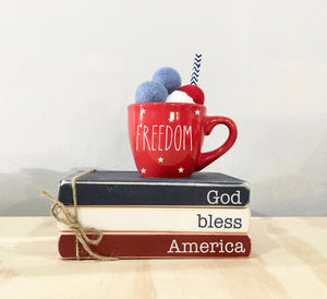 Holiday tiered tray, 4th of July decor, tiered tray decor, book bundle, book stack, espresso, mini mug, wooden books, summer tiered tray