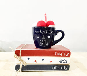 4th of July decor, tiered tray decor, book bundle, book stack, espresso, mini mug, wooden books, summer tiered tray, kitchen decor