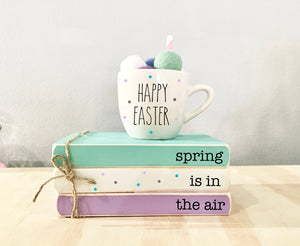 Happy Easter mug, Mini espresso mug, Easter tiered tray, Tiered tray decor, Mini book bundle, Book stack, Spring is in the air, Spring decor