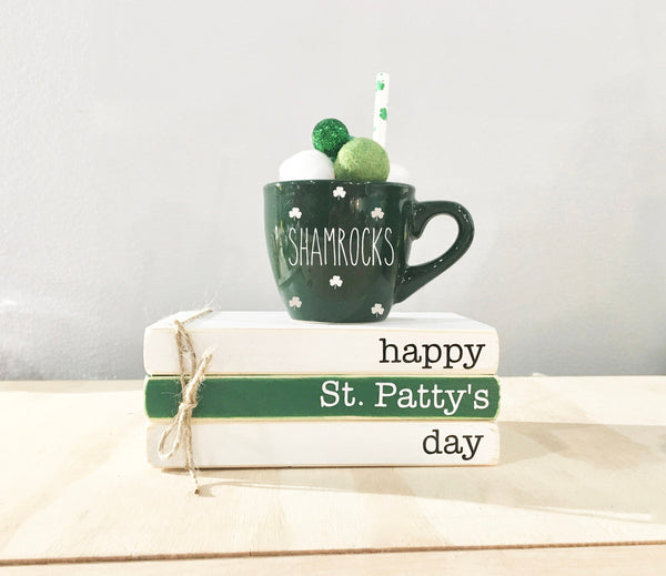 St. Patrick's day decor, Tiered tray decor,  Shamrock mini mug, mini book bundle, book stack,  farmhouse,  wooden books, shelf sitter