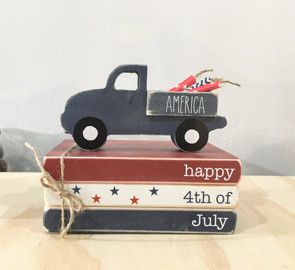 4th of July decor, tiered tray decor, America, mini book bundle, book stack, wooden truck, farmhouse, faux books, wooden books, old truck