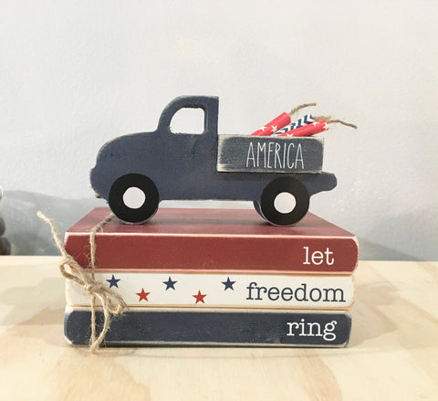 4th of July decor, tiered tray decor, America, mini book bundle, book stack, wooden truck, farmhouse, faux books, wooden books, old truck