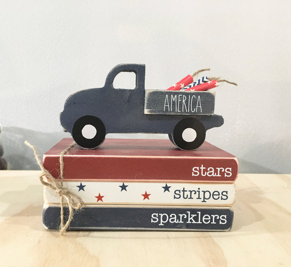 4th of July decor, tiered tray decor, America, mini book bundle, book stack, wooden truck, farmhouse, faux books, wooden books, old truck