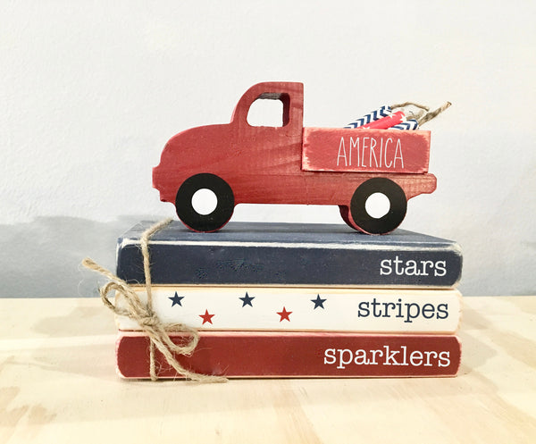 Holiday tiered tray, 4th of July decor, America, mini book bundle, book stack, wooden truck, farmhouse, faux books, wooden books, old truck