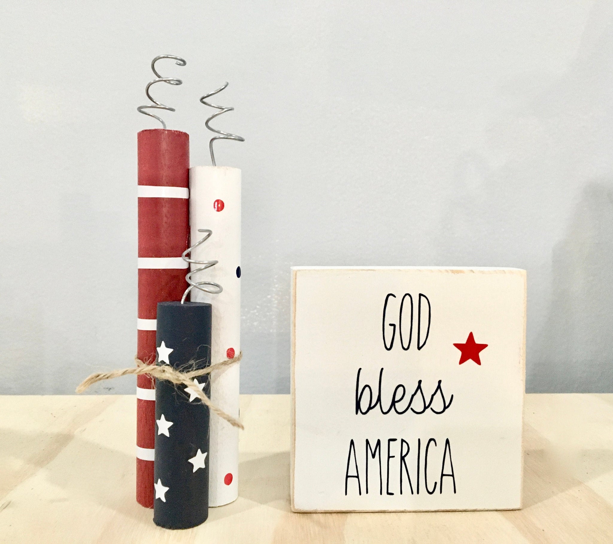 Wooden firecrackers, 4th of July decor, wooden sign, Memorial day, Tiered tray decor, Faux firecrackers, Stars, Summer, Patriotic decor