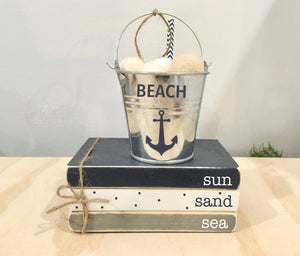 Beach tiered tray, Lake house decor, Tiered tray, Galvanized bucket, Anchor, Mini book stack, Cottage, Summer tiered tray, Nautical decor