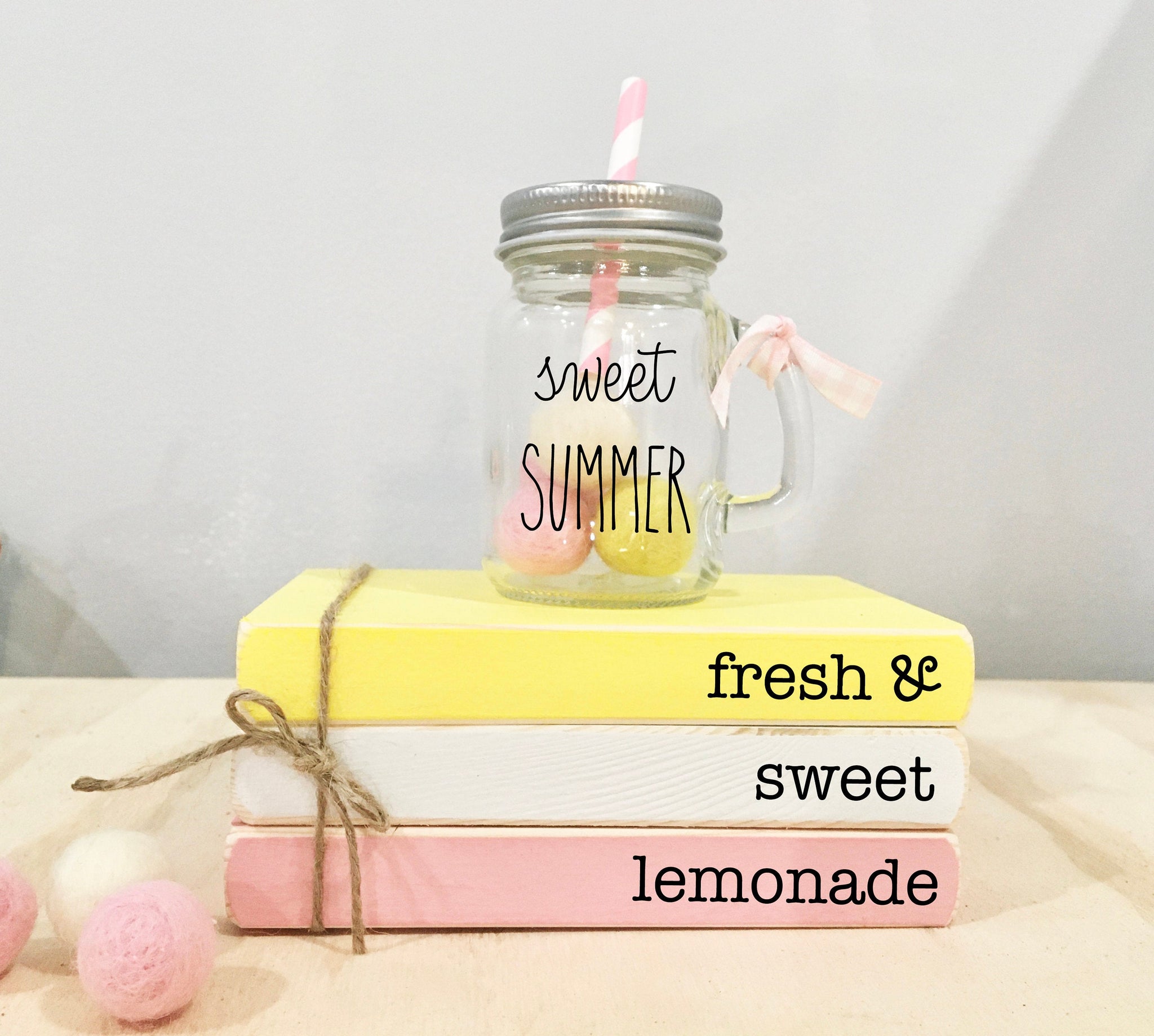 Lemons, Mini book stack, Tiered tray, Lemonade decor, Farm fresh lemons, Faux books, Tiered tray decor, Summer, lemonade mug, pink lemonade